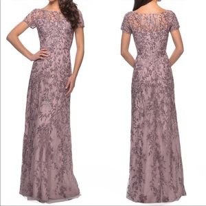 La Femme 27956 Dusty Lilac Beaded Lace Column Gown Women's 10 Maxi Dress